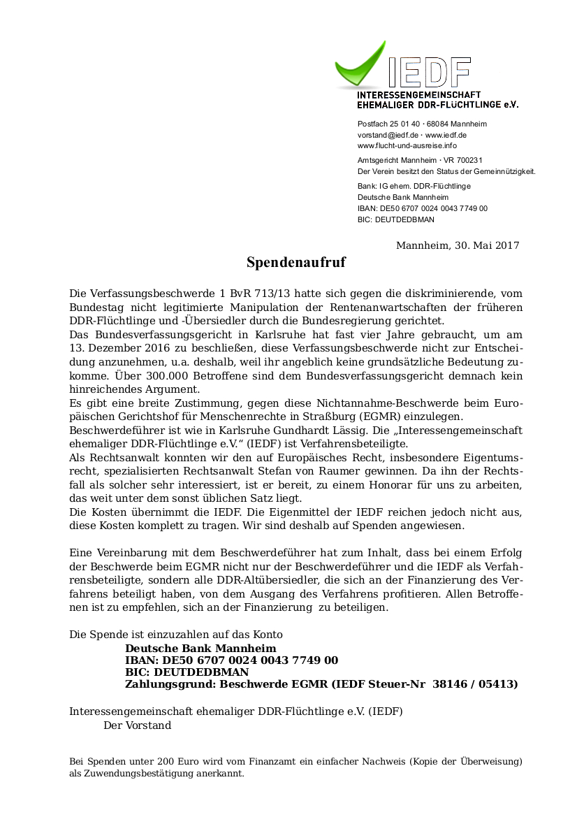 Spendenaufruf EGMR
